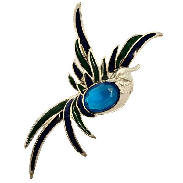 Silver Plated Blue and Green Enamel Bird Brooch circa 1980s